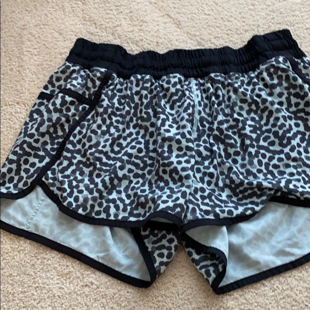 Blue and black polka dot lululemon tracker shorts